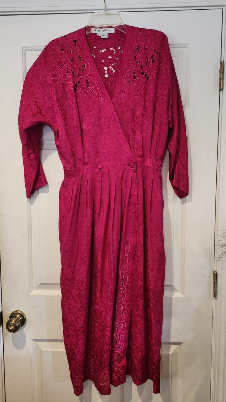 Vintage 80s Nancy Johnson Silk Midi Dress Pink Cutout Lace Wrap Sz 12 #266